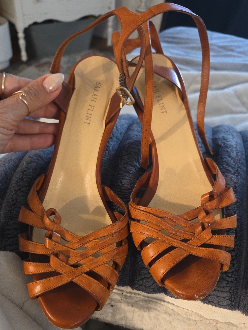 Sarah Flint Cognac Leather Strappy Sandals with Ankle Tie